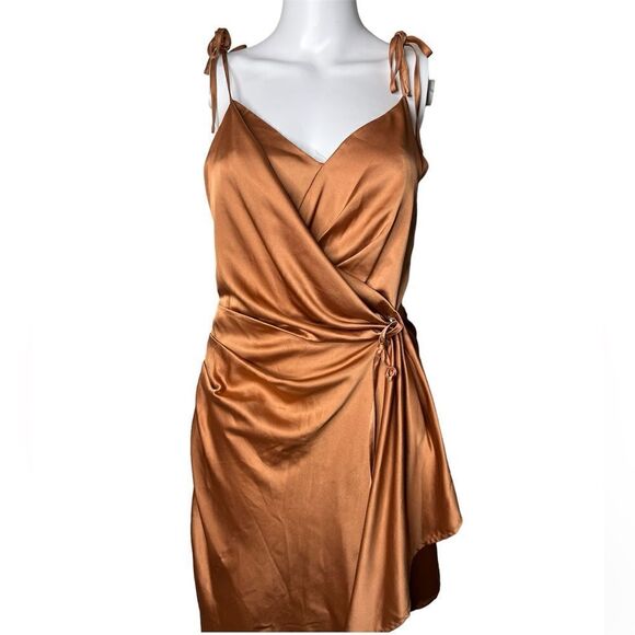 SHEIN Silky Asymmetrical Mini Dress Golden Brown Size XS - Picture 2 of 3